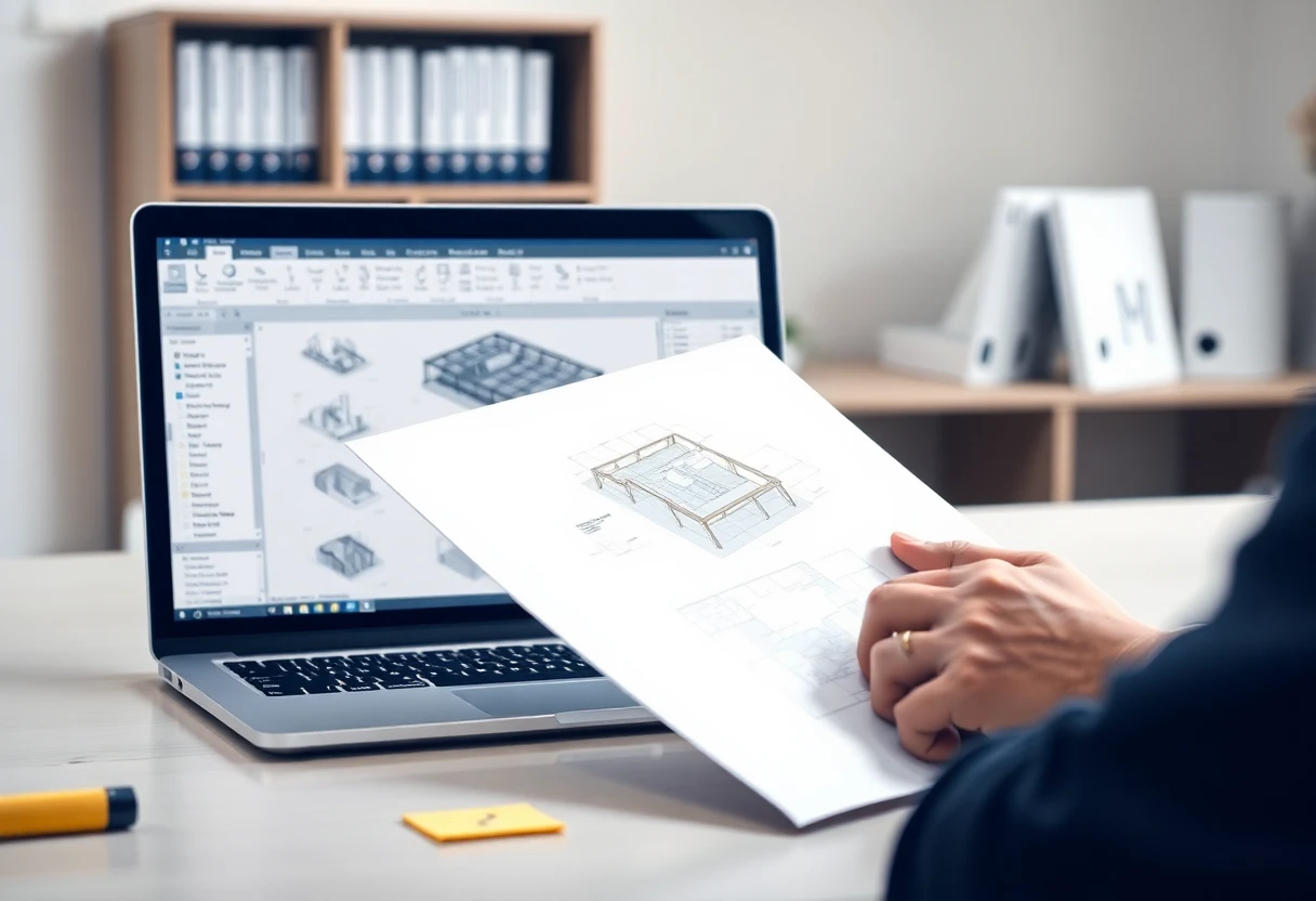 Mãos segurando planta técnica ao lado de interface do Revit com modelo 3D
