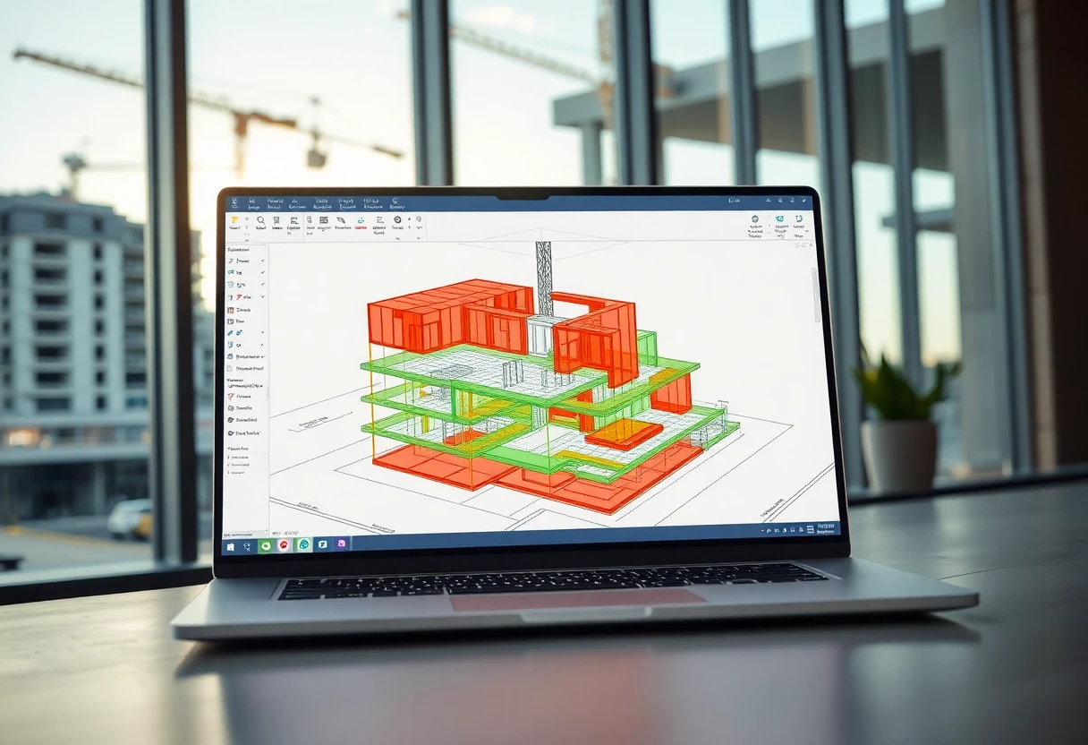 Tela do Revit com detecção de interferências e obra ao fundo pela janela