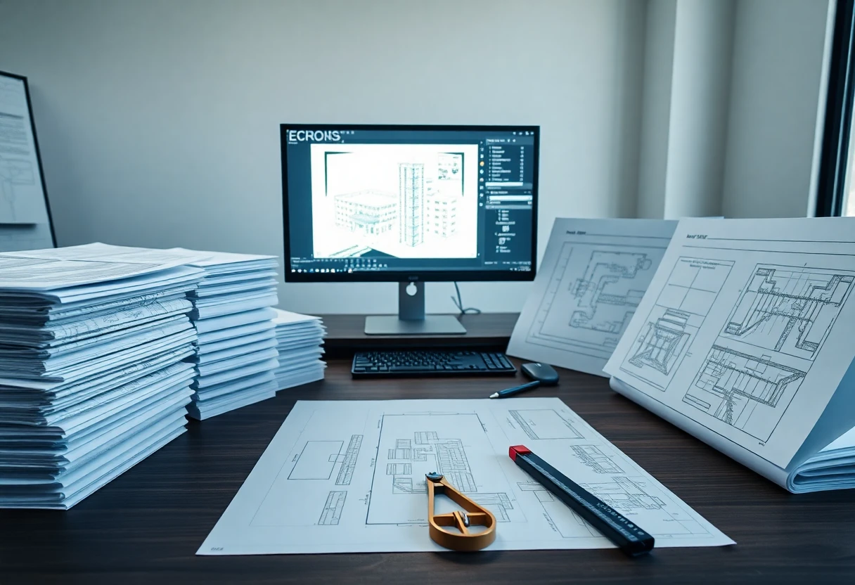 Seis fases de projeto organizadas em mesa de escritório de engenharia brasileiro